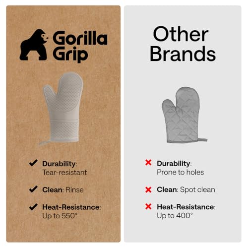 Image of GORILLA GRIP BPA-Free Soft Silicone Oven Mitts, 550F Heat Resistant Waterproof Cooking Safety Gloves, Thick Cotton Lining, Flexible Gripping for BBQ Grilling, Kitchen Potholders Set, 12.5x8.3, Almond