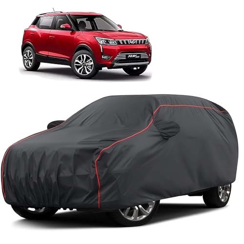 Image of Sulfar 100% Water Resistant Car Body Cover Compatible with Mirror for Mahindra XUV 300 (Triple Stitched, Full Bottom Elastic, Dark Grey Taffeta with Red Piping)
