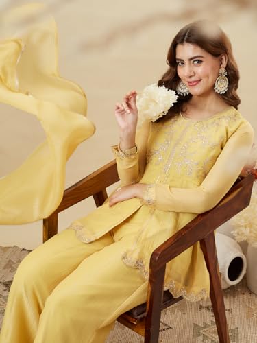Image of MOKOSH Women's Silk Embroidered Peplum Kurta Sharara with Dupatta | Kurta Set | Ethnic Wear |Round Neck Full Sleeve Kurta | 3 Piece Outfit |Embroidered