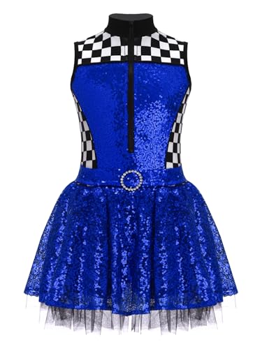Girls Racer Cheer Leader Uniform Sequined Sleeveless Leotard with Checkered Tutu Skirt Outfit Royal Blue 10 Years3