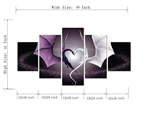 Yatsen Bridge 5 Panel Canvas Wall Art Decor Fantasy Scene Devil's Wing Prints Painting Creative Heart Shaped Dragon Poster Decorations Stretched And Framed Ready To Hang For Living Room (60''Wx32''H) #TOP4