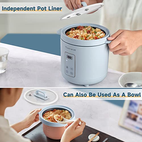 Topwit Mini Rice Cooker, 2 Cups Uncooked Rice Cooker Small With Glass Cover, 1.2L Portable Non-Stick Small Rice Cooker, Smart Control Rice Maker With 24H Delay Start & Keep Warm, Blue #TOP3