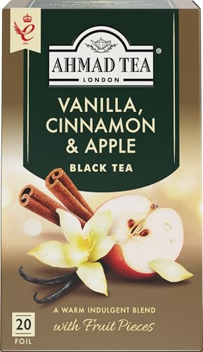 Ahmad Tea Vanilla Cinnamon Apple - Te negro con sabor a vainilla, canela y manzana - Bolsitas de te envueltas individualmente y selladas con aroma con 2 g de te por porcion - 20 bolsitas de te