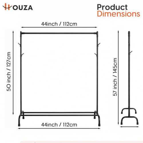 Image of HOUZA Heavy-Duty Garment Stand Cloth Rack with Bottom Storage Shelf & 4 Side Hooks | Freestanding Clothes Hanging Stand, Rack for Clothes Storage & Cloth Rack for Bedroom & Entryway (Black)