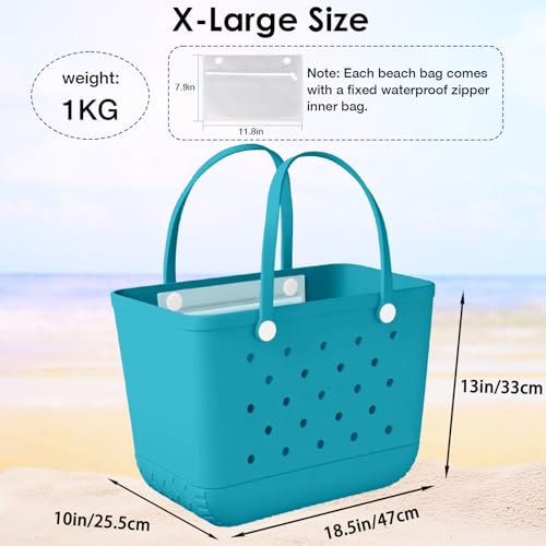 X-Large Rubber Tote Bag Beach Bag Travel Bag with Waterproof Zipper Pocket, Washable Durable Rubber Beach Tote Holes (Lake Green)3