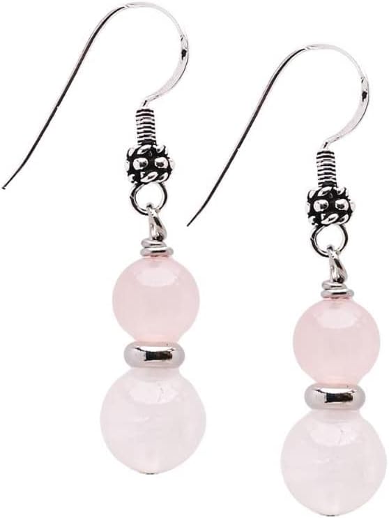 VN Jewelry Handmade Women's Natural Gemstone Double Beaded Sterling Silver Dangle Drop Earrings | Gift for Women, Girls (Rose quartz)