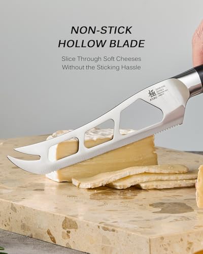 Image of KYOKU 5 in. Serrated Cheese Knife, Samurai Series Cheese Slicer with Hollow Blade Pakkawood Handle, German 1.4116 Stainless Steel Full Tang Knife for Hard Cheese with Protective Sheath & Gift Box