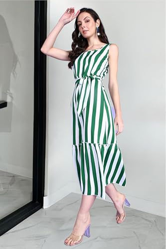 Image of POPWINGS Women Casual Blue & White Stripe Long Belt Dress Dress | Stylish Dress | Trendy Dress