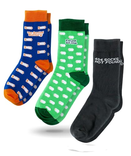 Meiote Calcetines Unisex Algodón Natural Sin Costura No Encogen No Aprietan Calcetines Divertidos Hombre Mujer Diseños Exclusivos 3 Pares Negro, Verde y Azul (FR/ES, Números, 41, 46, Regular, Regular)