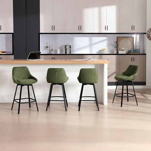 Image of Zesthouse Swivel Bar Stools Set of 2, Modern Counter Height Barstools with Backs, 26'' Upholstered Linen Fabric High Chairs for Island Kitchen, Counter Height Chairs with Metal Legs, Green