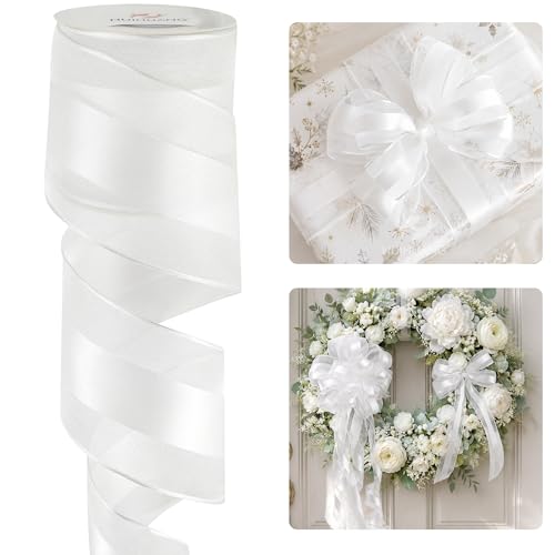 HUIHUANG White Sheer Wired Ribbon with Satin Stripe 2.5 inch White Christmas Tree Ribbon for Bows Making Wreaths Gift Wrapping Wedding Bridal Shower Decorations-Continous 10 Yards