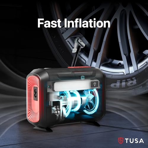 Image of TUSA Drive Go 12V DC Tyre Inflator | Large Dual Digital Display | 3X Faster Inflation Portable Air Compressor| For Car, Bike, Ball & Motorcycle