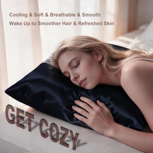 Image of LYSHIN Silk Pillow Cases 2 Pack King Size with Zipper, Navy Blue | 19 Momme Mulberry Silk Pillowcase for Skin and Hair, Anti-Acne, Hypoallergenic, Cooling, Beauty Sleep, Gifts for Women
