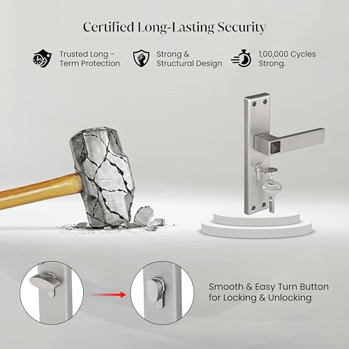 Image of LAPO Mortise Door Lock for Home Main Door & Bedroom with Handle - 45x45mm Body - 3 Brass Keys - Heavy-Duty 60mm Cylinder - Left-Right Fit 30-50mm Door Home Office Hotel | Matt Finish | CY-132