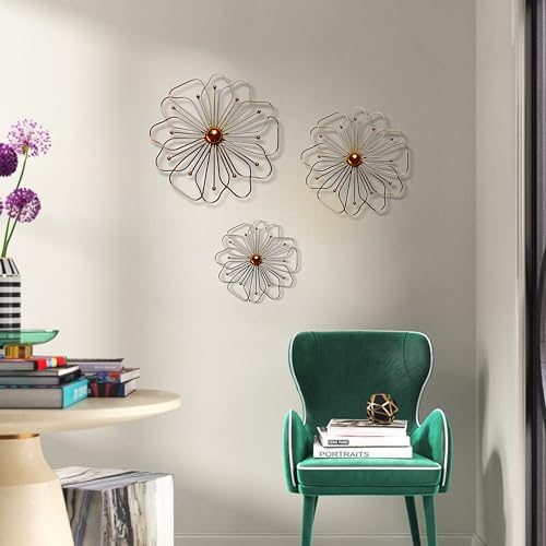 Image of DECOR SEA Gold Metal Wall Decor Three Piece Wall Art Metal Flower Wall Decor Sculpture For Living Room Bedroom Elegant Floral Hanging Home Decore Set Of 3