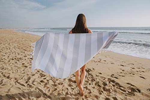 Infusezen Oversized Turkish Towel, Soft Terry Cloth Back, Turkish Bath Towel, Beach Towel, Extra Large Peshtemal Bath Sheet For Plus Size, Nautical Style Thin Hammam Towel, Cotton Fouta (Grey Black) #TOP6