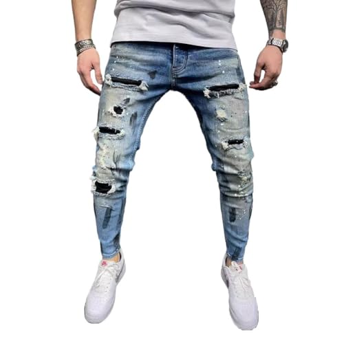 Mens Skinny Jeans Slim Fit Stretchy Ripped Destroyed Streetwear Patchwork Denim Pants