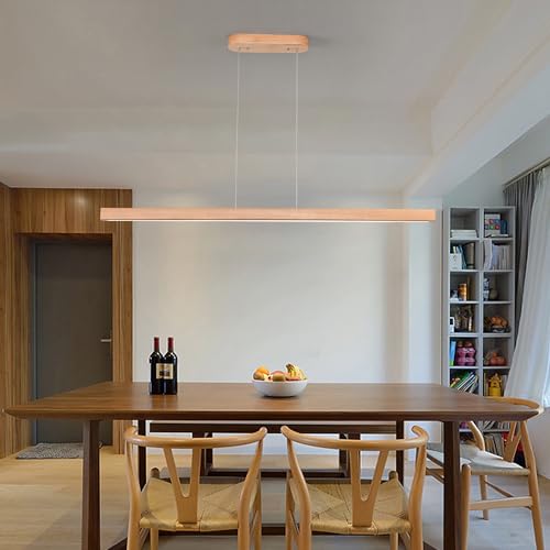 Image of 39 inch Wooden Linear Pendant Light LED Pendant Lights Dimmable Pool Table Island Lights Modern Linear Chandeliers for Dining Room Kitchen Ceiling Pendant Lamp for Kitchen Island Billiard Room Natural