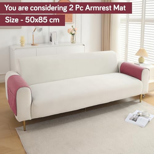 Image of HOKIPO Polyester Quilted Sofa Armrest Cover with Pockets, Mauve Pink, Pack of 2 (1 Pair) (IN-787-L-PCH*2)