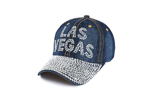 Ashen Fane 6 Panel Studded Rhinestone Bling Denim Casual Baseball Hat, Las Vegas