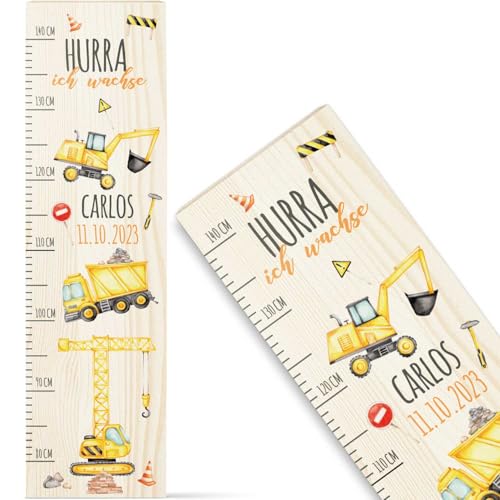 GRAVURZEILE Messlatte für Kinder aus Holz - Baustellen Design - mit Namen für Kinderzimmer - Skala misst 80-140 cm - Größe 20 x 70 x 2 cm - Geschenk zur Geburt für Mädchen & Jungen