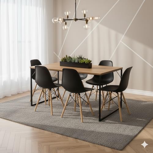Conjunto Industrial Moderno Mesa de Jantar 120x80cm em MDF Freijó com 6 Cadeiras Eiffel Pretas, Base em Madeira, para Sala de Jantar e Cozinha