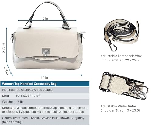 Women Genuine Top Grain Real Leather Top Handled Satchel Bag. Crossbody Bag with 2 Shoulder Straps3