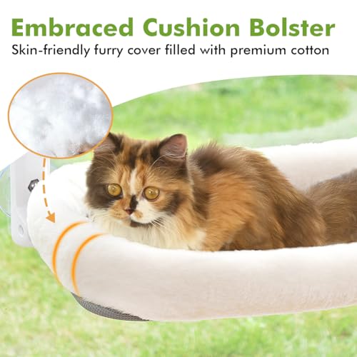 Image of Zoratoo 2PC Cat Window Perch with Bolster Cordless Cat Hammock Cushion Bed for Window with Metal Frame, Large Suction Cups Window Resting Seat for Indoor Cats (Cushion Bed White, 2PC)