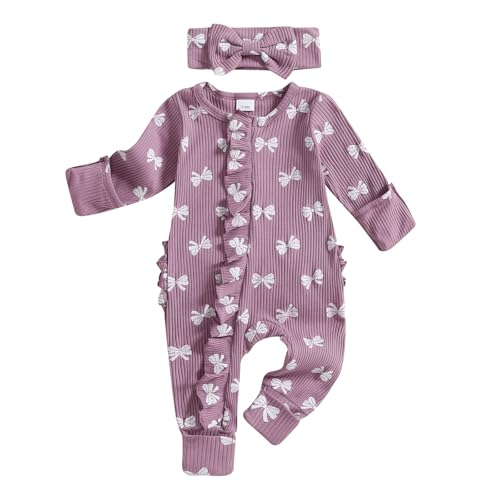 Image of citgeett Baby Girl Newborn Clothes Fall Winter Hospital Coming Home Outfit Bow Long Sleeve Romper Zipper Onesie Jumpsuit