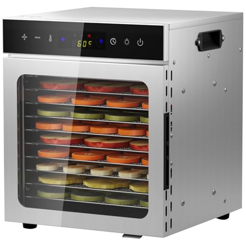 Deshidratador de Alimentos Acero Inoxidable Libre de BPA, Deshidratadora de Frutas y Verduras con Pantalla LCD, Temperatura 30-90℃, Temporizador, Hierbas, Nueces, Yogurt, 8 Bandejas, 500W (10 platos)