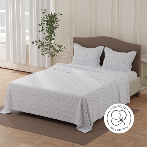 Image of Layers 100% Cotton Bedsheet for Double Size Bed | Lumina Floret Collection | 144 TC Soft & Breathable | Floral Print with 2 Pillow Covers | Wrinkle Free & Colorfast | 3 Piece Bedding Set - Blue