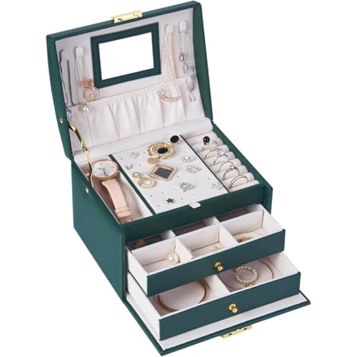 ITMEATジュエリーボックスアクセサリーケース鏡付きジュエリー収納宝石箱大容量鍵付き引き出しおしゃれ小物入れピアスネックレスリング指輪置き女の子女性用ピンク (17×14×13cm,グリーン)
