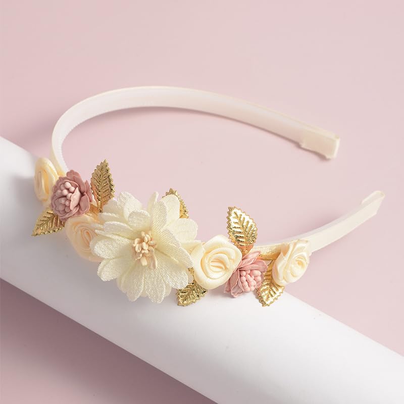 Elegant Chiffon Flower Headband with Pearl Design Handmade Pink White Rose Floral Feather Hair Band Bridal Wedding Prom Party Hair Accessories for Women (Style 1, Elastic) - Image 4