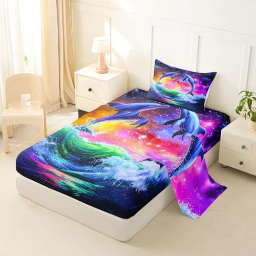 Image of jejeloiu Dolphin Bed Sheets Set Queen Size Tropical Ocean Bed Set Sea World Deep Pocket Fitted Sheet Summer Breathable Soft Lightweight Microfiber