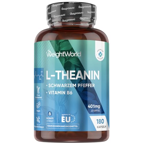 L Theanin - 401 mg pro Kapsel - 6 Monate Vorrat - Mit Schwarzer Pfeffer Extrakt (98% Piperin) & Vitamin B6 - L-Theanine aus Camellia Sinensis - 180 Kapseln - Frei von Magnesiumstearat - WeightWorld