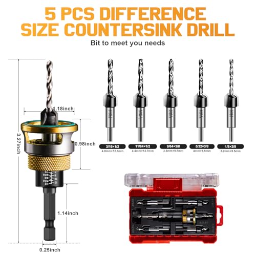 9 Pcs Countersink Drill Bit Set - 5 Pcs 2 Flute TCT Tapered Drill Bits with Adjustable Aluminum Alloy Depth Stop Collar, Bearing Stopper Anti-Scratch, 82° Counterbores, 1/4” Hex Shank for Woodworking Alternate view