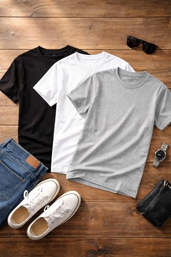 Image of Men's Round Neck T-Shirt Combo Pack (Pack of 3) | 100% Cotton 200 GSM | Bio-Washed | Soft & Breathable | Regular Fit Plain T-Shirts for Men