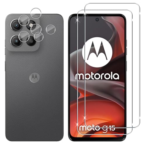 Lutree para Motorola Moto G15 Cristal Templado, 2+2 Piezas Protector de Pantalla + Protector de Lente de Cámara, Dureza 9H HD Vidrio Templado Anti-Arañazos Película Protectora