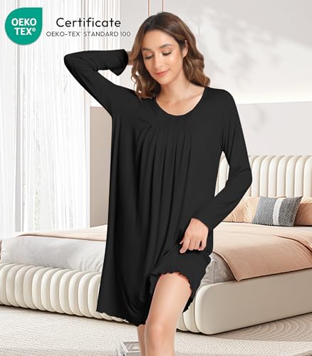 NACHILA Nightgowns for Women-Viscose Made from Bamboo,Long Sleeve Night Shirt Soft Sleepshirt Satin V Neck Sleepwear2