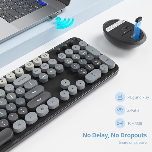 Image of Owpkeenthy Retro Keyboard and Mouse Wireless, Cute Black Keyboard with Retro Typewriter Style Full-Sized with Number Pad Round Keys for Desktop, Laptop and Computerr (Gradient Dark)