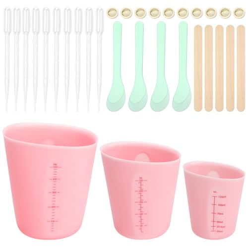 GZRXIOUS Juego de 3 vasos medidores de silicona, vasos mezcladores de silicona epoxi, vasos mezcladores de silicona con varilla mezcladora, gotero, camas para dedos, mini espátula para manualidades