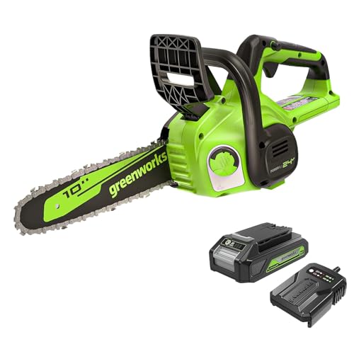 Greenworks 24V 10in Motosierra Eléctrico sin Cable con Batería de 2Ah y Cargador, Velocidad de Cadena 4,3 m/s, Auto-Aceitero, Motosierra de Batería con Protección Contra la Retracción