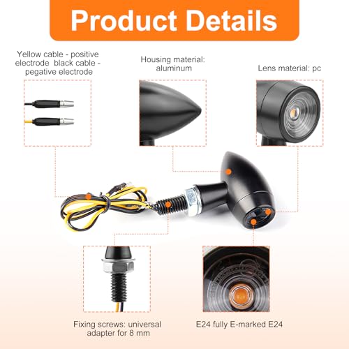 Uoww 2 Stück E24 Mini LED Blinker Blinkerlicht, Universal Motorrad LED Blinker Bullet, M8 Schraube Motorrad Hintere Blinkerleuchte, IP65 Waterproof E Tested Kontrollleuchte