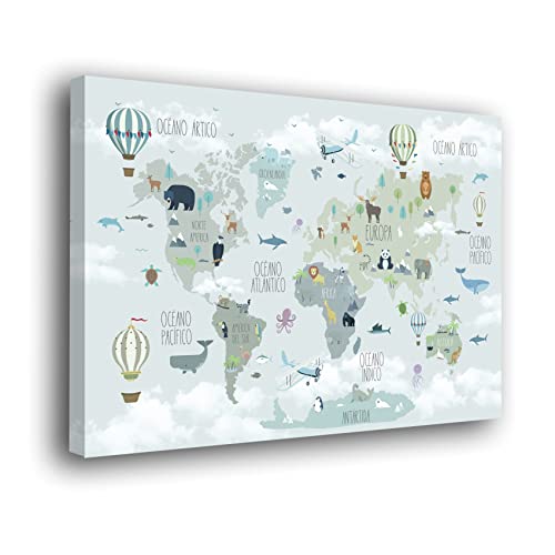 Genérico Cuadro Lienzo Canvas Infantil mapamundi en español con Animales Mapa del Mundo – Varias Medidas - Lienzo de Tela Bastidor Madera de 3 cm - Alta resolucion (50, 33)