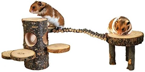 Hamster Natural Wooden Cage Toy Sets, Small Pets Apple Wood Play Ground, Rats Climbing Platform with Wood Bridge/Food…