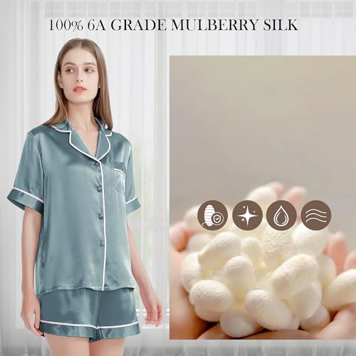 Image of SIIK 100% Mulberry Silk Pajamas Set for Women - 2 Piece Lingerie Sets, Lounge Sleepwear Women Sets, Steel Blue Large
