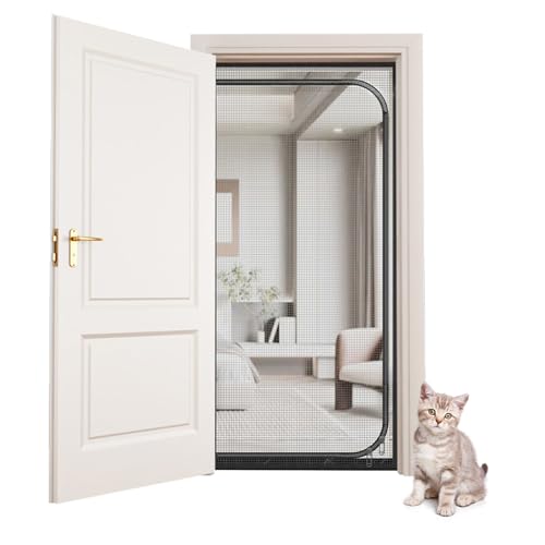 LIFEDYLUK Puerta Mosquitera para Gatos Evitar Que los Cachorros y Gatos se salgan de casa, Pantalla a Prueba de arañazos con Cremalleras, Puerta Mosquitera Cortina para Balcón (90 * 200cm, Schwarz)