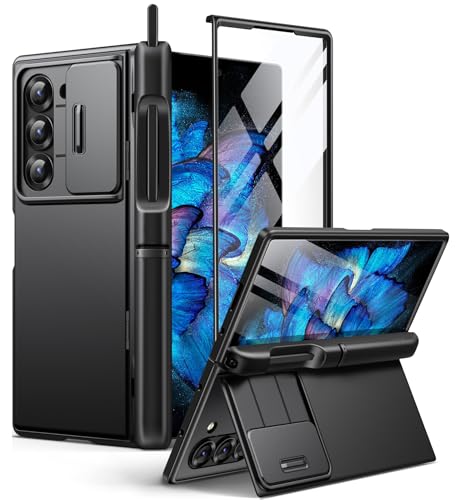 BERFY for Z Fold 6 Case with Screen Protector, Built-in S Pen Holder, Slide Camera Cover, Hidden Kickstand, Full Body Shockproof Slim Phone Case for Samsung Galaxy Z Fold 6, Jet Black