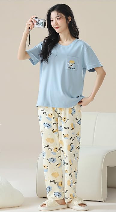 Image of GLASGO Women's Cotton Pajama Set with Top & Pants|| Korean Night Wear|| Loose Fit Home Wear || Lightweight Printed Set || Soft & Comfy Sleepwear for Girls & Women || LNS-4-$
