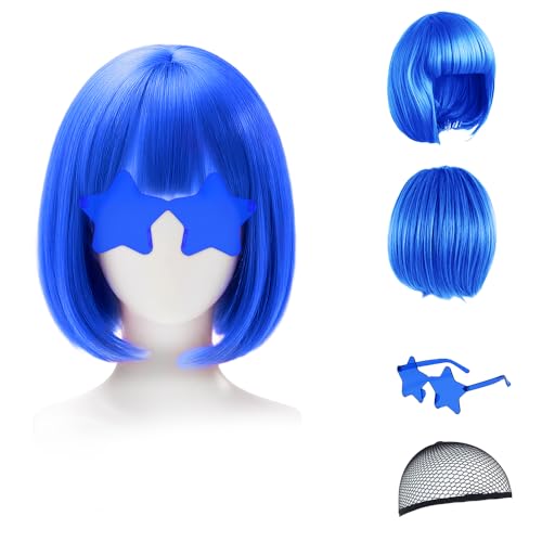Perruque bleue pour femmes - Perruque bob colorée avec lunettes de fête, Perruques de cosplay pour soirées, Perruques amusantes pour femmes (Bonnet pour...